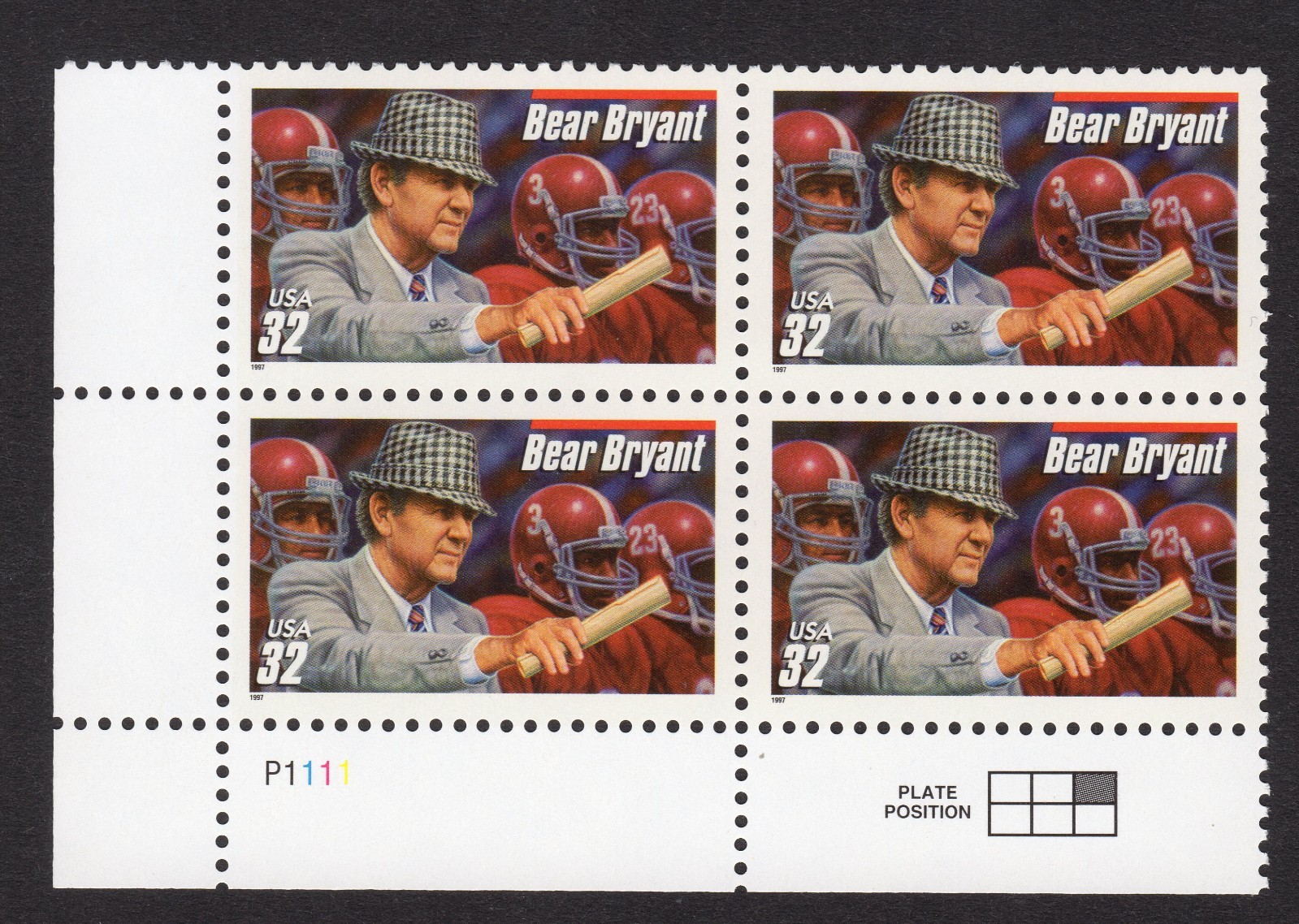 Scott #3148 Bear Bryant (Alabama Crimson Tide) Plate Block of 4 Stamps - MNH LL