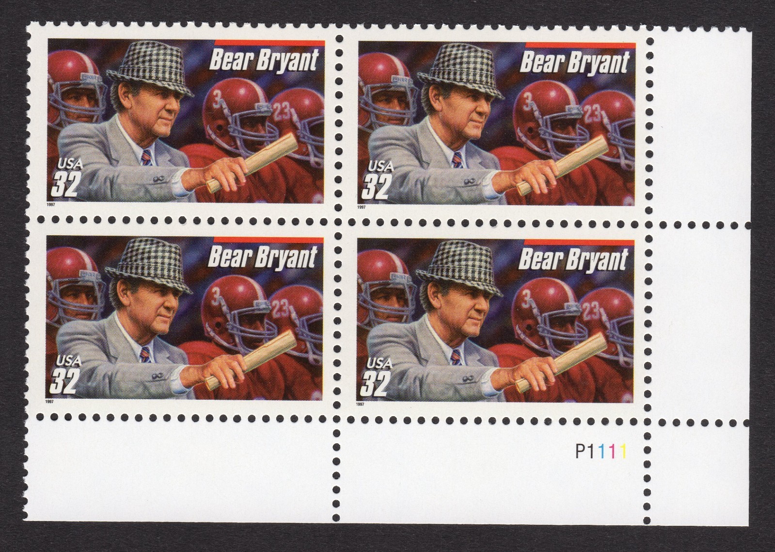 Scott #3148 Bear Bryant (Alabama Crimson Tide) Plate Block of 4 Stamps - MNH LR